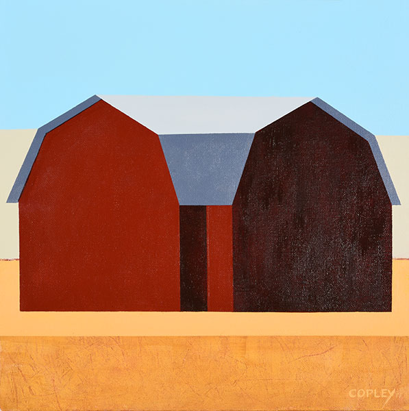 painting of a red barn sitting ina golden field with both ends showing
