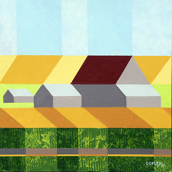 a row of alternating white and grey geometrically precise barns in a backgound of parallel golden fields and a foreground of parallel green fields