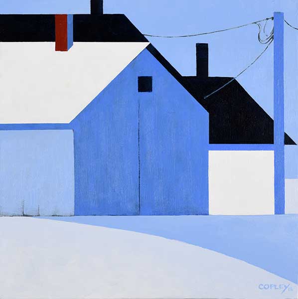 apainting of predominantly blue buildings with black and white roofs with a blue telepone pole on the right and snow in the foreground