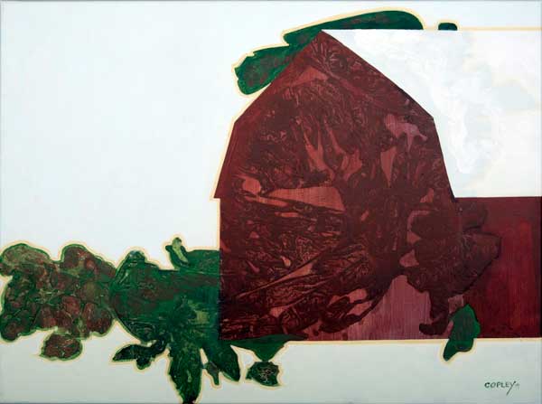 a red barn surrounded by styalized greenery, with dark patches of red across the barn