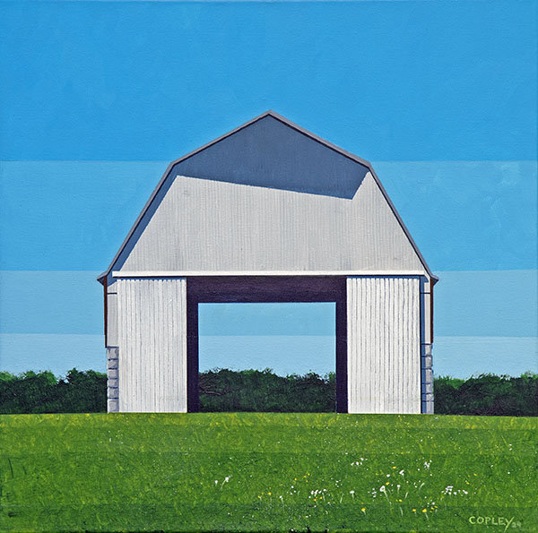 Painting of a white barn in a grassy field with a row of trees behind it and a blue sky. You can see through the barn to the other side because the large barn doors on both sides are open.