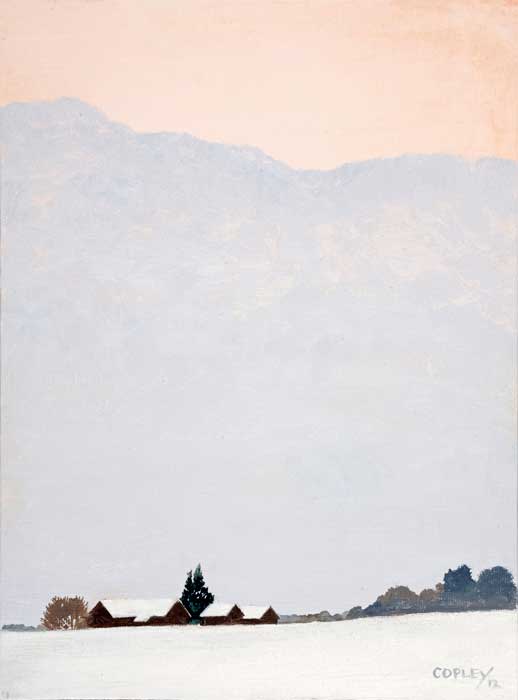 painting of a farm on a snow covered hill and mostly sky