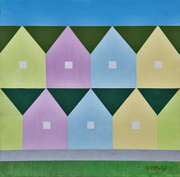 painting of two rows of 4 houses painted in pastel colors