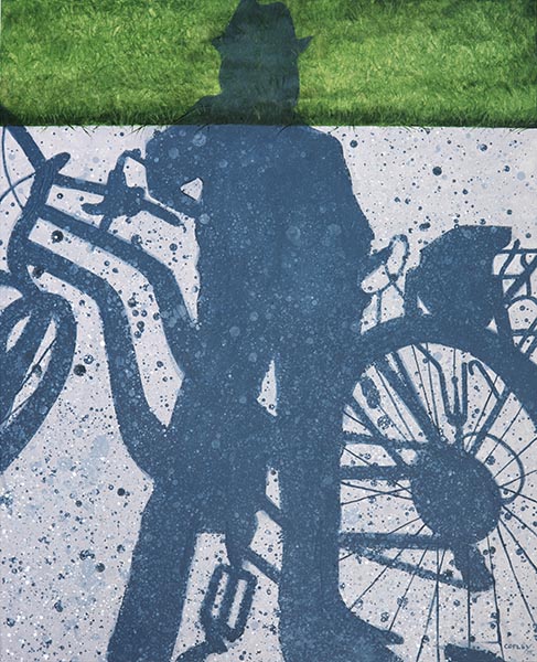 painting of a shadow of a womand wearing a hat leaning on a bicycle. the shadow is across soeckled pavement with a strip of grass above