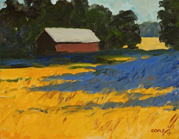 painting of a barn on the edge of a gree forest with a golden field of wheat in the foreground