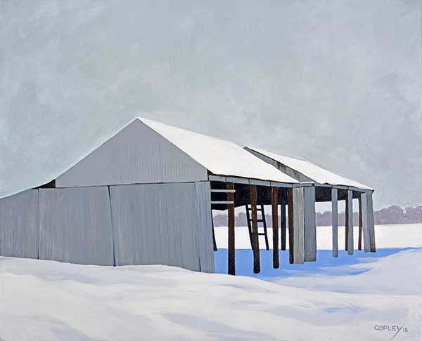 a painting of a grey sided old pole barn missing smuch of the siding set against a background of snow and slate grey skies