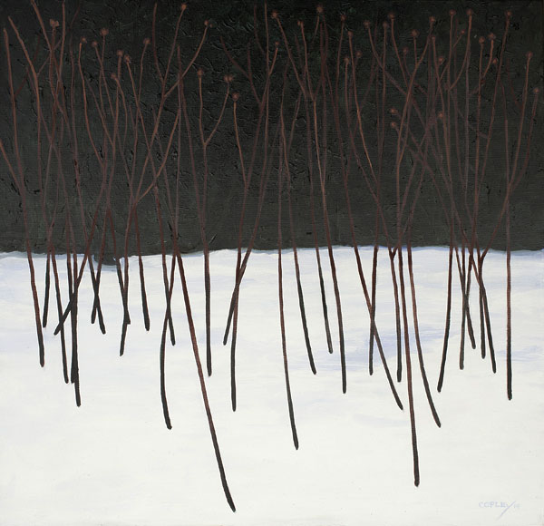 painting of a stand of small trees or bushes in the snow