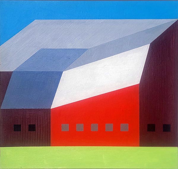 geometrical painting of a red barn with a silver roof against a blue sky