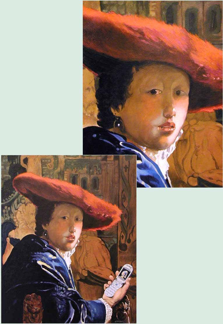 painting of man wearing a red hat and holding a cell phone