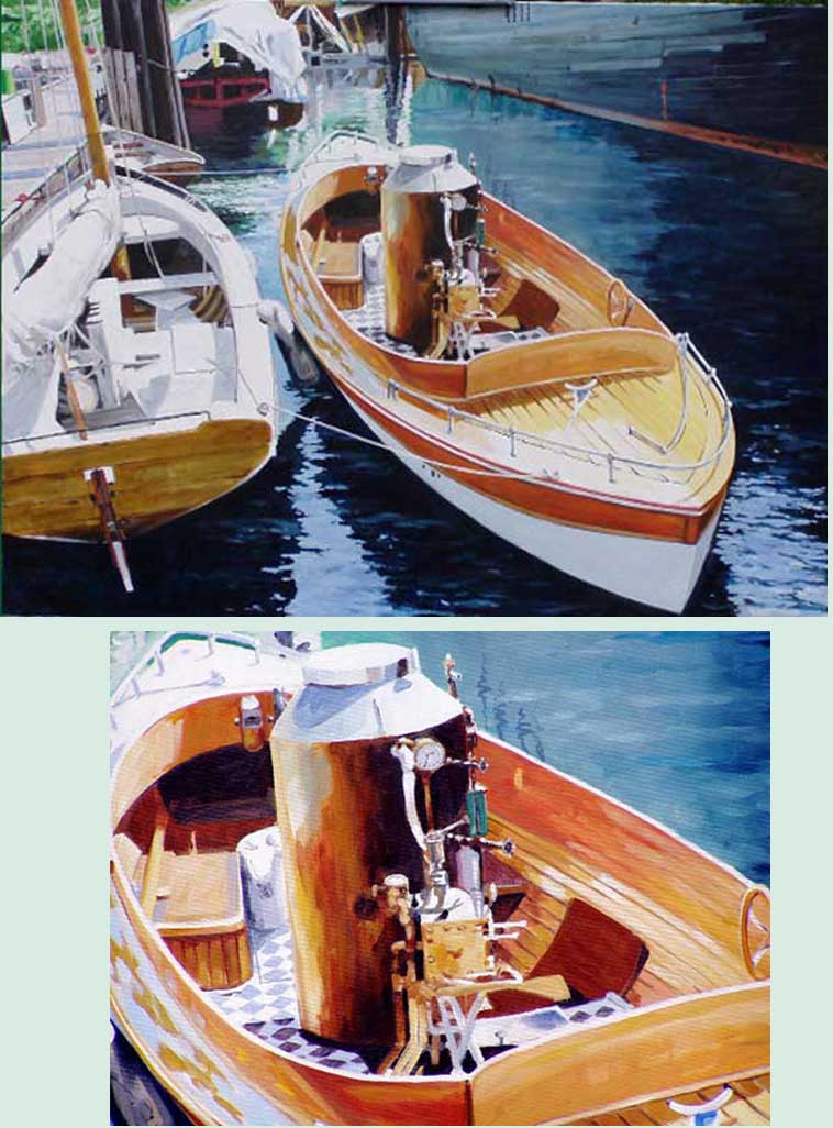 painting of wooden boats in a harbor