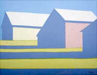 3 pastel barns heavily in shadow casting long shadows across a green lawn