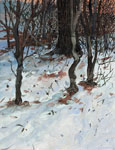 painting of the edge of a woods, snow and leaf covered ground