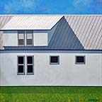 a painting of a white sided building with a dormer room  that has double windows