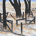 a stand of three trees almost in silhouette, standing in a tall grassy field with snow, nearly surrounded by a broken fence also in silhouette