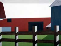  a red barn next to  second building with a wooden fence across the front of the painting. 