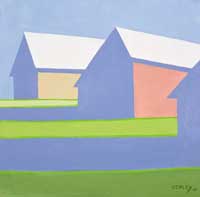 3 pastel barns heavily in shadow casting long shadows across a green lawn