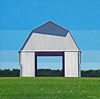 Painting of a white barn in a grassy field with a row of trees behind it and a blue sky. You can see through the barn to the other side because the large barn doors on both sides are open.