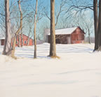 painting of a sunset over a snow covered farm