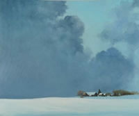 a painting of a farm in a snow covered scene with a large stormy sky
