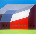 geometrical painting of a red barn with a silver roof against a blue sky